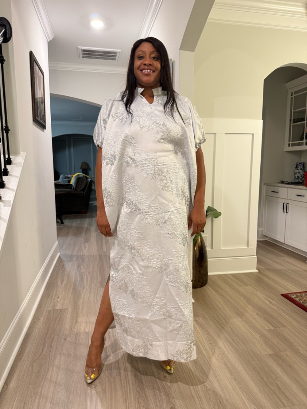 Luxury White African Damask Brocade Bubu/Boubou Maxi Dress